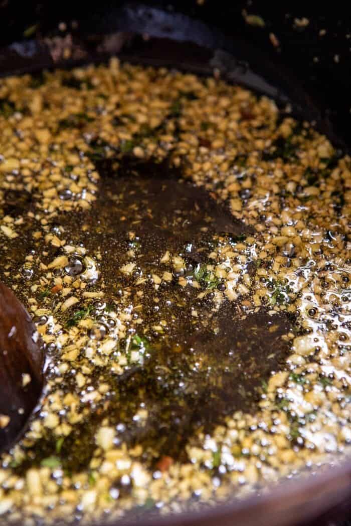 garlic herb oil in large post before adding pasta