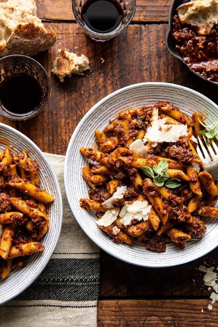 overhead close up photo of Best Super Easy Penne…with a lot of garlic