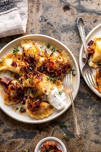 Cheddar Pierogies with Caramelized Onions and Bacon | halfbakedharvest.com #pierogi #homemade #Christmas