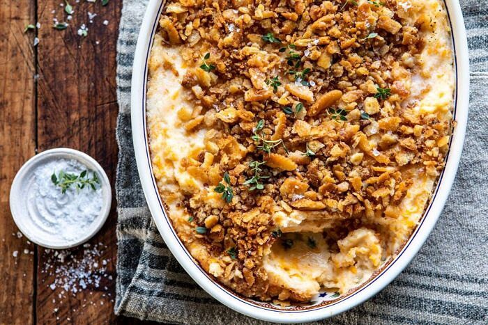 horizontal photo of Cheesy Potato Casserole with Buttery Ritz Crackers