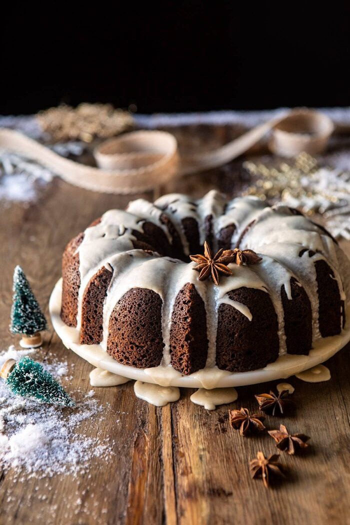 side angled photo of Cream Cheese Swirled Chai Gingerbread Cake