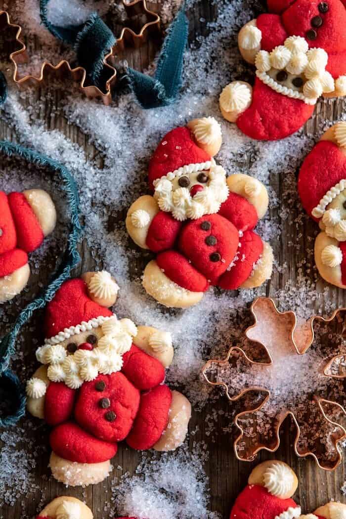 Holly Jolly Santa Cookies | halfbakedharvest.com #santacookies #sugarcookies overhead photo of Holly Jolly Santa Cookies