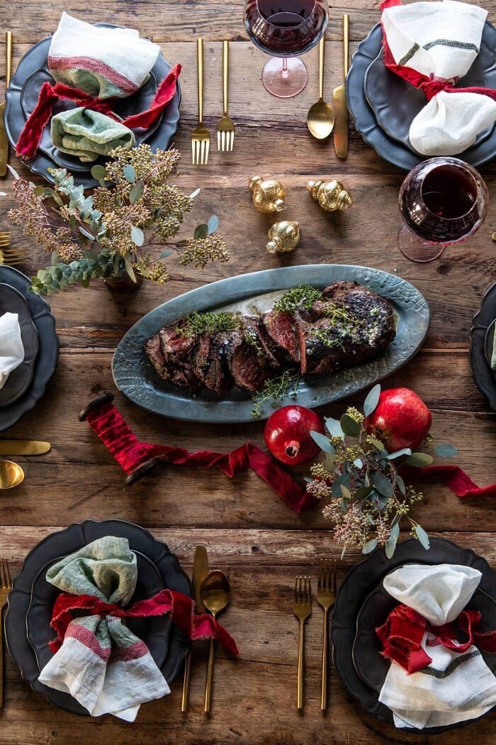 Our 2019 Christmas Eve and Christmas Dinner Menu | halfbakedharvest.com #christmasmenu overhead photo of Christmas table