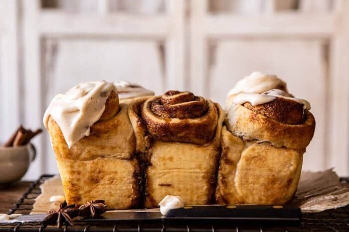 Overnight Cinnamon Roll Bread with Chai Frosting | halfbakedharvest.com #cinnamonrolls #christmas #breakfast