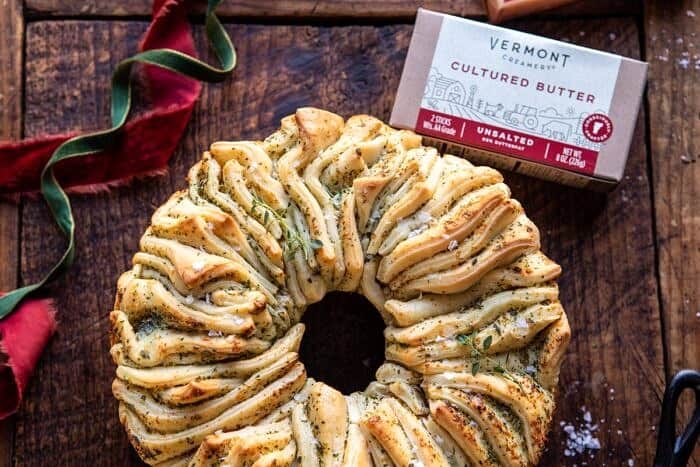 Pull-Apart Garlic Butter Bread Wreath | halfbakedharvest.com #garlicbread #Christmas horizontal photo of Pull-Apart Garlic Butter Bread Wreath