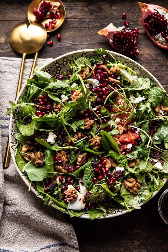 overhead photo of Winter Pomegranate Salad with Maple Candied Walnuts 