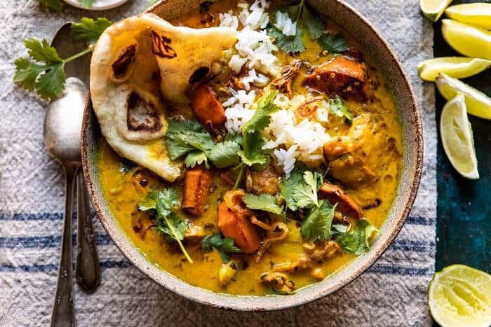 30 Minute Coconut Milk Braised Chicken with Sweet Potatoes and Rice | halfbakedharvest.com #instantpot #easyrecipes #healthy horizontal photo of 30 Minute Coconut Milk Braised Chicken with Sweet Potatoes and Rice