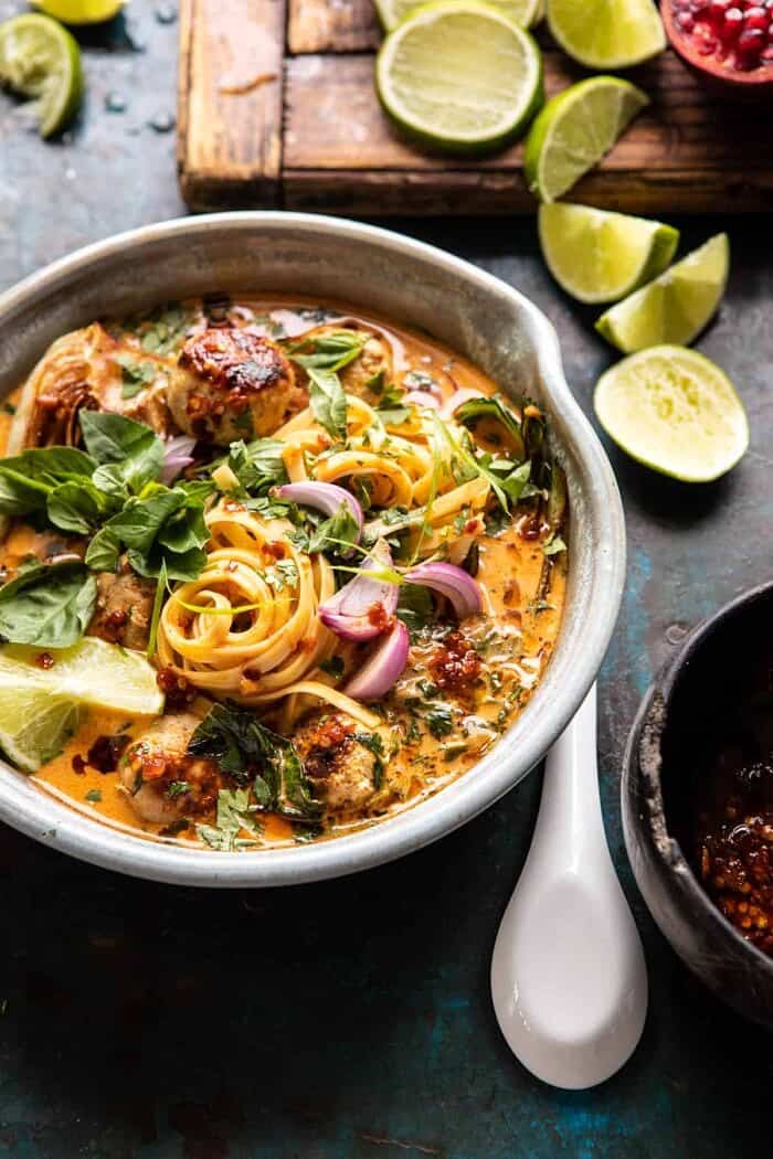 30 Minute Thai Chicken Meatball Khao Soi | halfbakedharvest.com #thai #coconut #healthy side angled photo of 30 Minute Thai Chicken Meatball Khao Soi