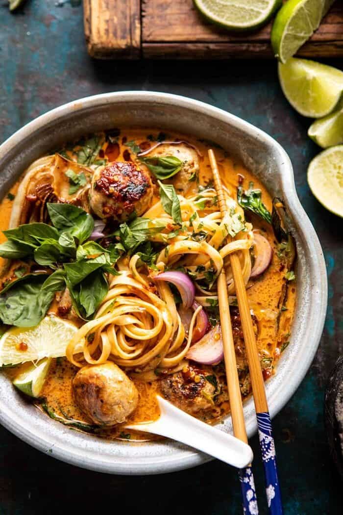 30 Minute Thai Chicken Meatball Khao Soi | halfbakedharvest.com #thai #coconut #healthy overhead close up photo of 30 Minute Thai Chicken Meatball Khao Soi
