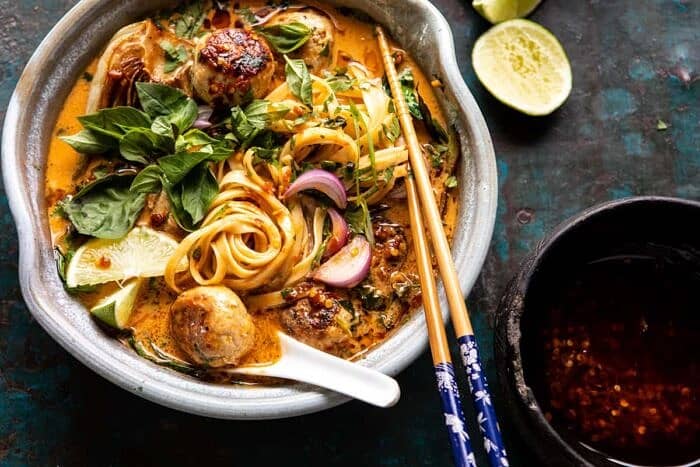 30 Minute Thai Chicken Meatball Khao Soi | halfbakedharvest.com #thai #coconut #healthy horizontal photo of 30 Minute Thai Chicken Meatball Khao Soi