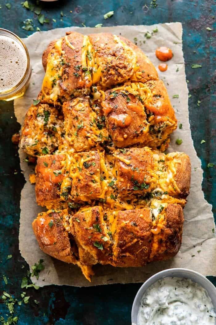 overhead photo of Buffalo Ranch Chicken Pull Apart Bread 