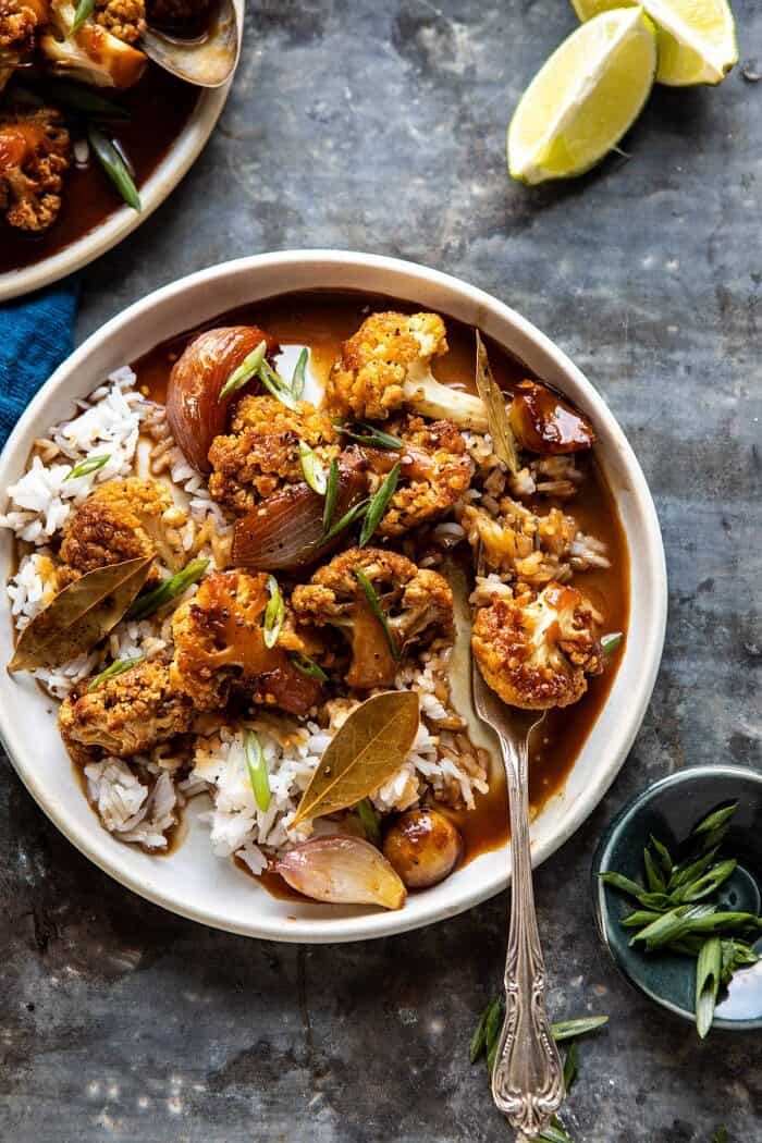 overhead close up photo of Easiest Coconut Cauliflower Adobo with fork in cauliflower 