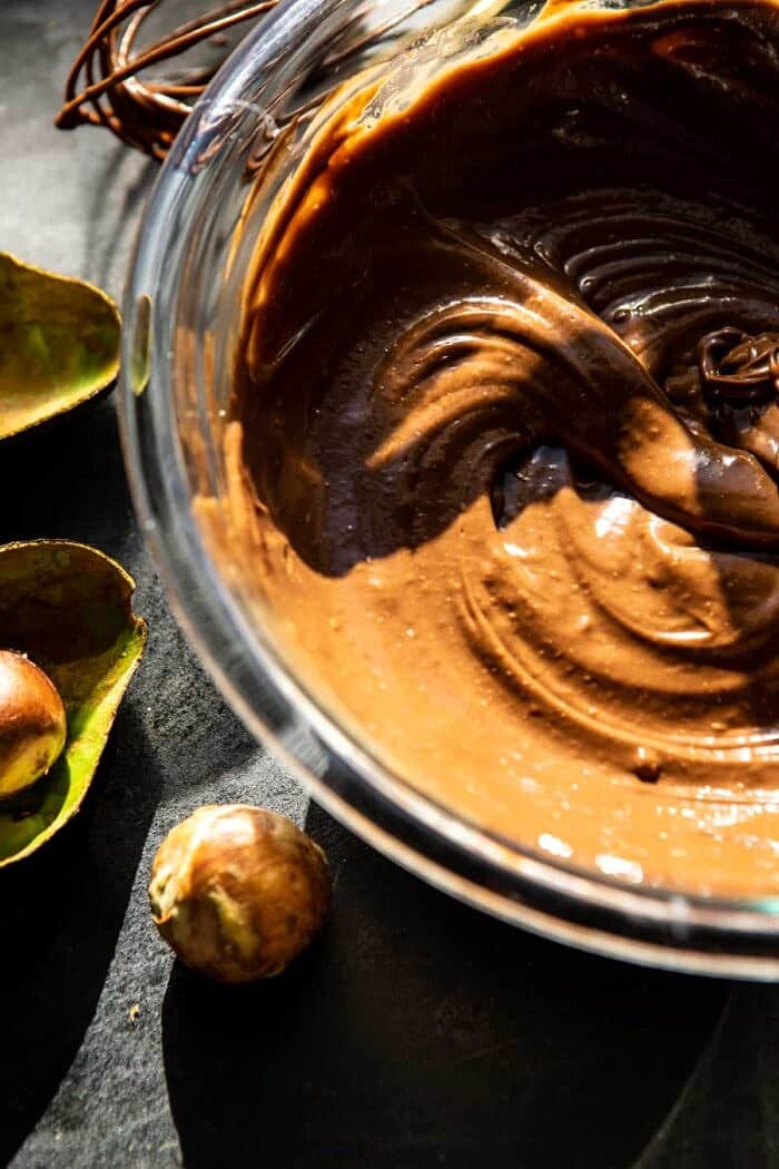 Fudgy Avocado Brownies with Chocolate Fudge Frosting | halfbakedharvest.com #brownies #healthy brownie batter in mixing bowl