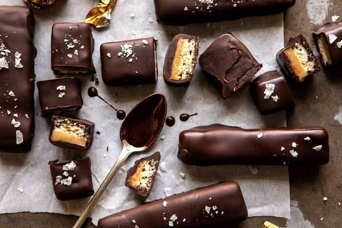 Homemade Vegan Twix Bars | halfbakedharvest.com #vegan #chocolatebar horizontal overhead photo of Homemade Vegan Twix Bars
