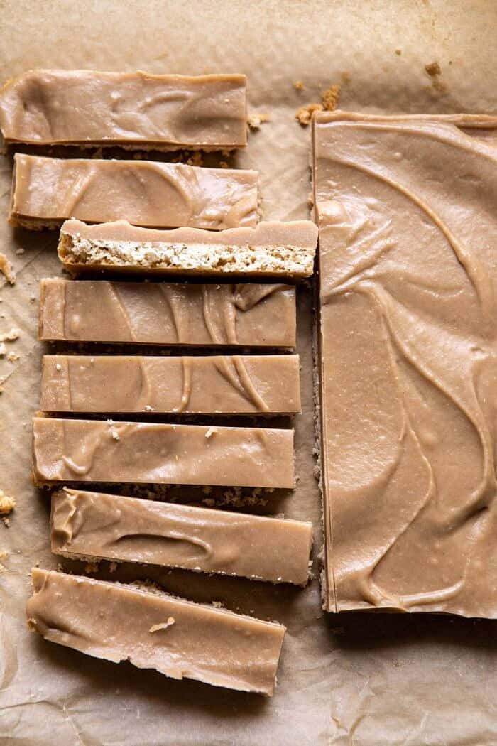 Homemade Vegan Twix Bars | halfbakedharvest.com #vegan #chocolatebar overhead photo of Homemade Vegan Twix Bars before covering in chocolate