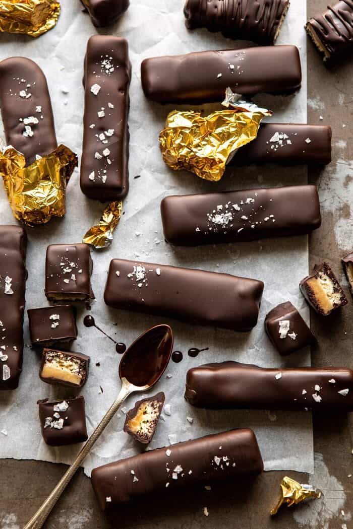 Homemade Vegan Twix Bars | halfbakedharvest.com #vegan #chocolatebar overhead photo of Homemade Vegan Twix Bars