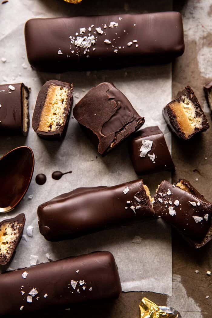 Homemade Vegan Twix Bars | halfbakedharvest.com #vegan #chocolatebar overhead close up photo of Homemade Vegan Twix Bars