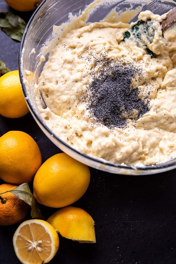 Lemon Poppyseed Cake with Citrus Honey Glaze | halfbakedharvest.com #lemon #cake #winter cake batter in mixing bowl before baking