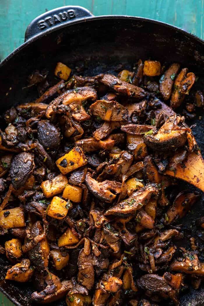 Mushroom Al Pastor Tacos with Garlic Lime Special Sauce | halfbakedharvest.com #vegan #mushrooms #tacos Mushroom Al Pastor mixture in skillet