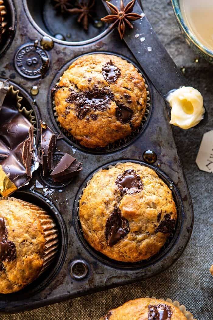One Bowl Chocolate Chunk Chai Banana Muffins | halfbakedharvest.com #healthy #bananabread #muffin overhead close One Bowl Chocolate Chunk Chai Banana Muffins