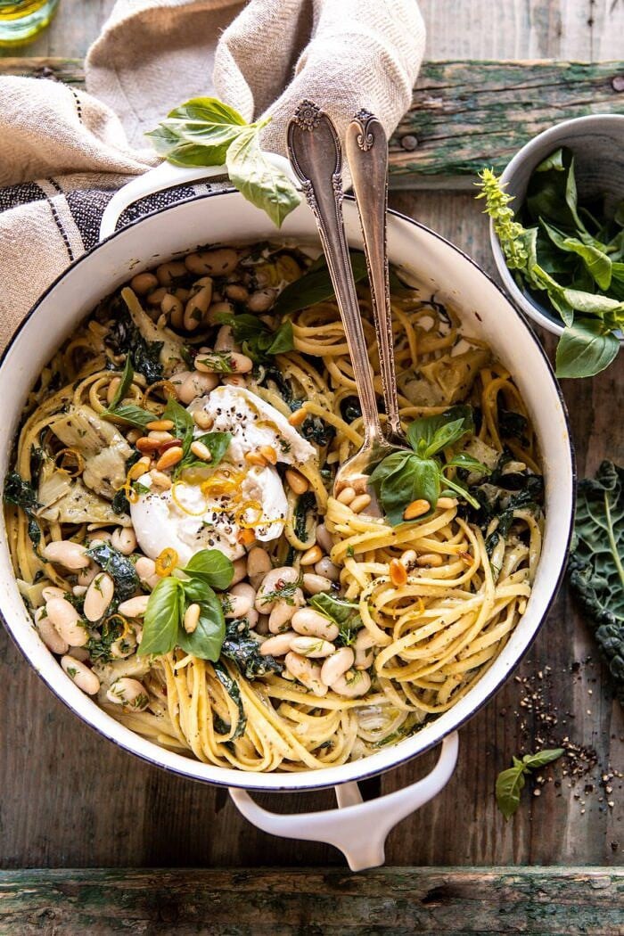 One Pot Creamy Tuscan Pesto and Artichoke Pasta | halfbakedharvest.com #onepot #pasta