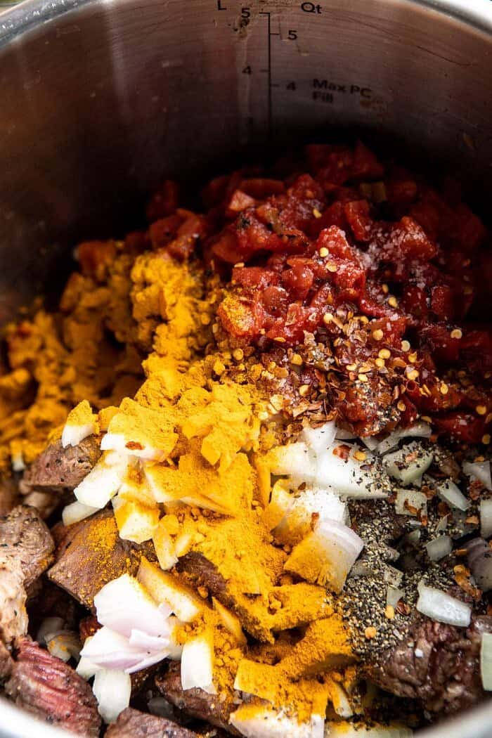 Persian Herb and Beef Stew | halfbakedharvest.com #beefstew #whitebeans #healthy stew before cooking in instant pot