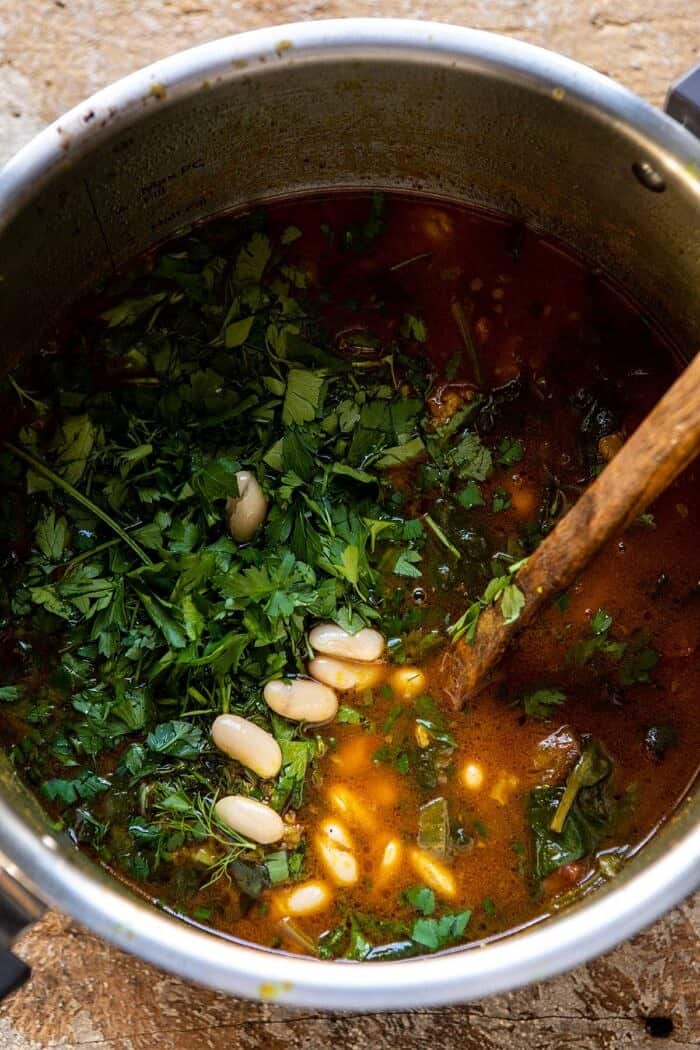 Persian Herb and Beef Stew | halfbakedharvest.com #beefstew #whitebeans #healthy overhead photo of Persian Herb and Beef Stew in instant pot