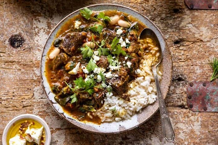 Persian Herb and Beef Stew | halfbakedharvest.com #beefstew #whitebeans #healthy horizontal photo of Persian Herb and Beef Stew