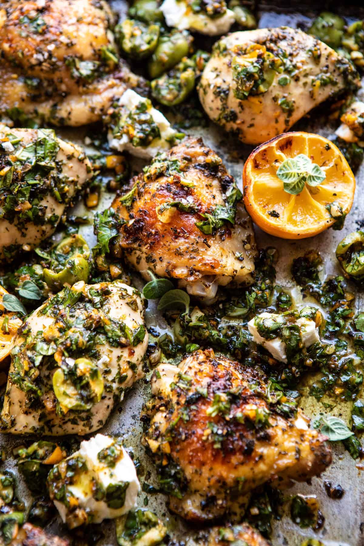 Roasted Garlic Butter Chicken with Lemon Olive Dressing | halfbakedharvest.com #chicken #sheetpan #easyrecipes