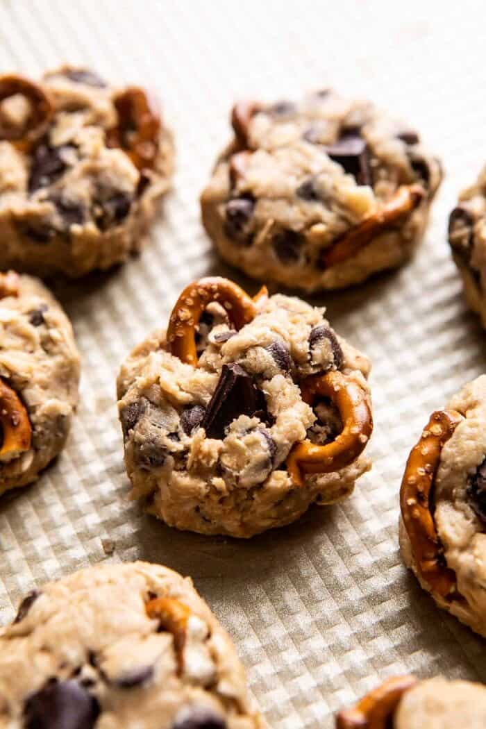 Salted Pretzel Cowboy Party Cookies | halfbakedharvest.com #cookies #chocolate Salted Pretzel Cowboy Party Cookie dough baking