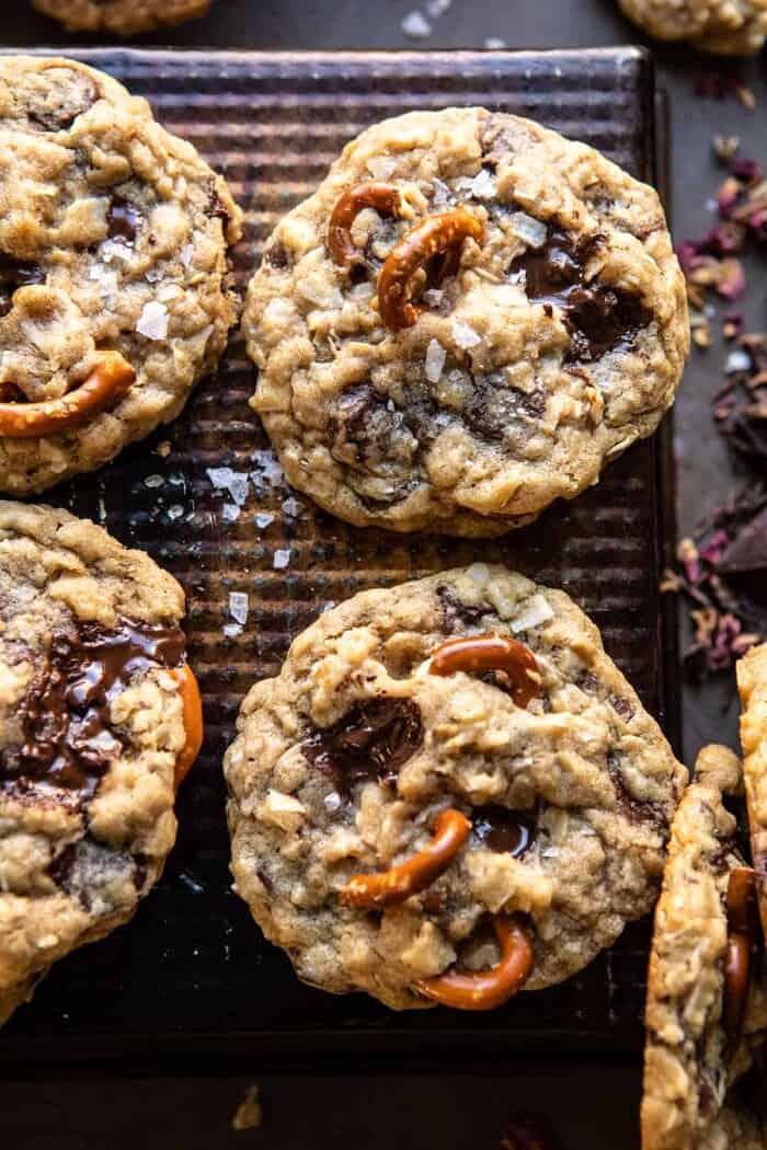Salted Pretzel Cowboy Party Cookies | halfbakedharvest.com overhead close up photo of Salted Pretzel Cowboy Party Cookies