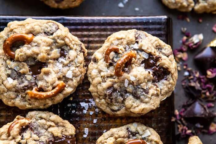 Salted Pretzel Cowboy Party Cookies | halfbakedharvest.com #cookies #chocolate overhead photo of Salted Pretzel Cowboy Party Cookies