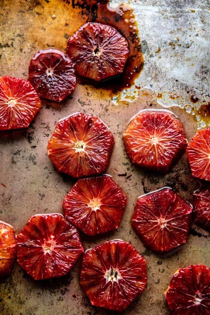 blood oranges after roasting on baking sheet 