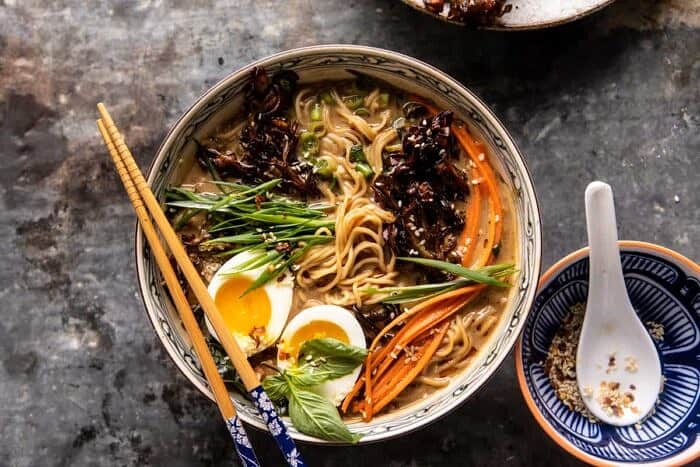 overhead photo of 30 Minute Creamy Sesame Miso Ramen with Crispy Mushrooms 