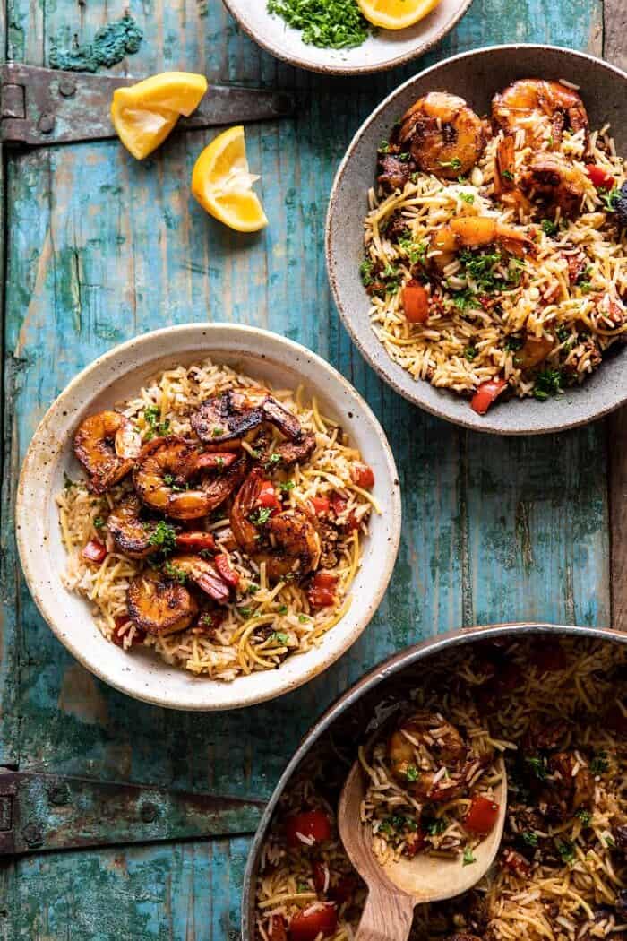 overhead photo of One Pot Spanish Shrimp and Rice Pilaf 