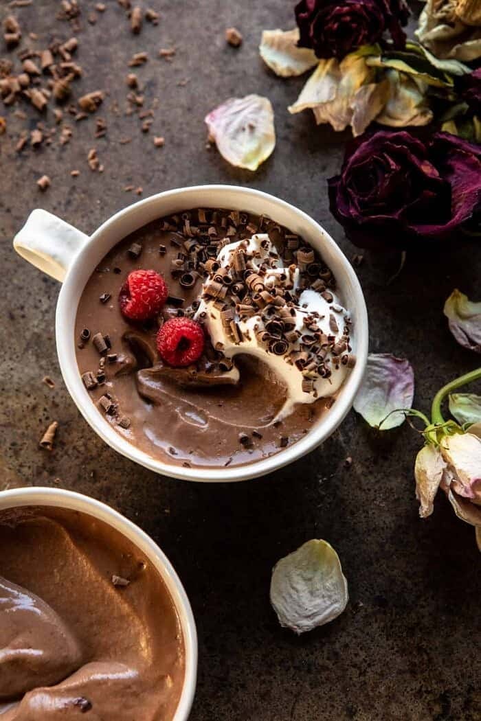 overhead photo of 4 Ingredient Chocolate Mousse with bite taken out of mousse