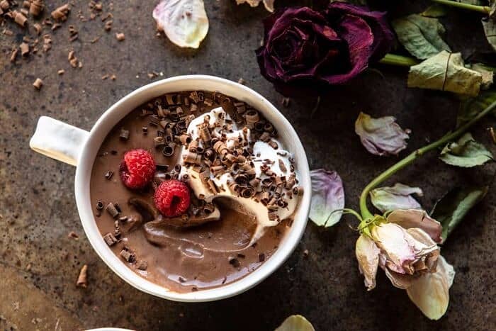 overhead horizontal photo of 4 Ingredient Chocolate Mousse with bite taken out of mousse