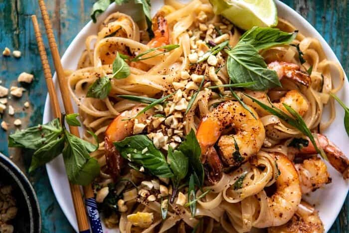 Better Than Takeout Garlic Butter Shrimp Pad Thai | halfbakedharvest.com #padthai #garlicbutter horizontal photo of Better Than Takeout Garlic Butter Shrimp Pad Thai