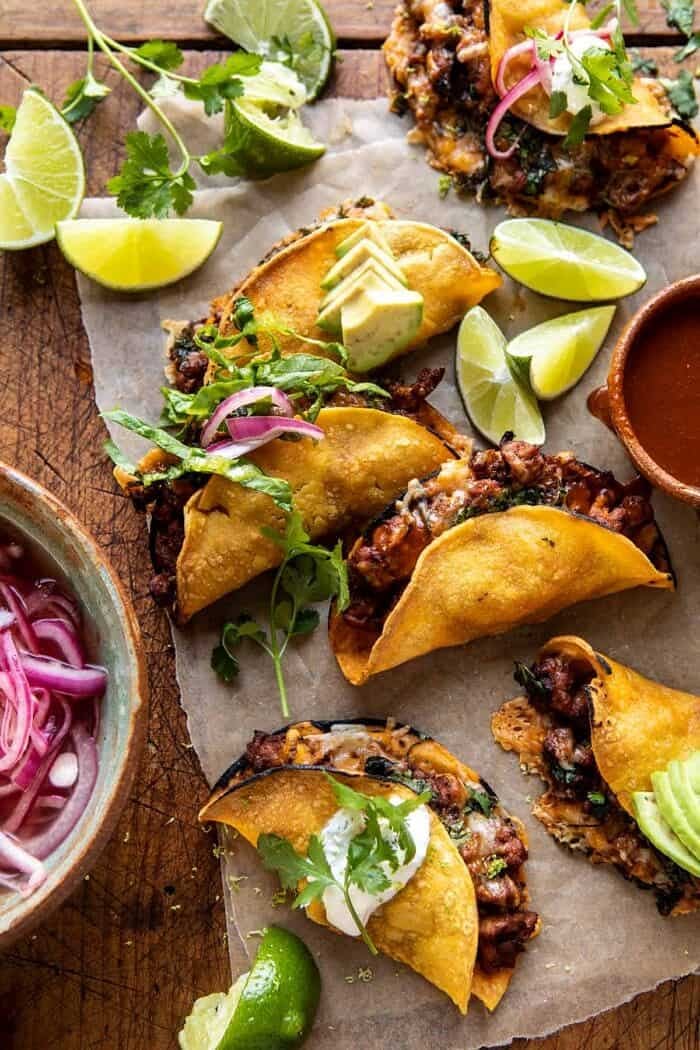 Crispy Chipotle Chicken Tacos with Cilantro Lime Ranch | halfbakedharvest.com overhead photo of Crispy Chipotle Chicken Tacos with Cilantro Lime Ranch