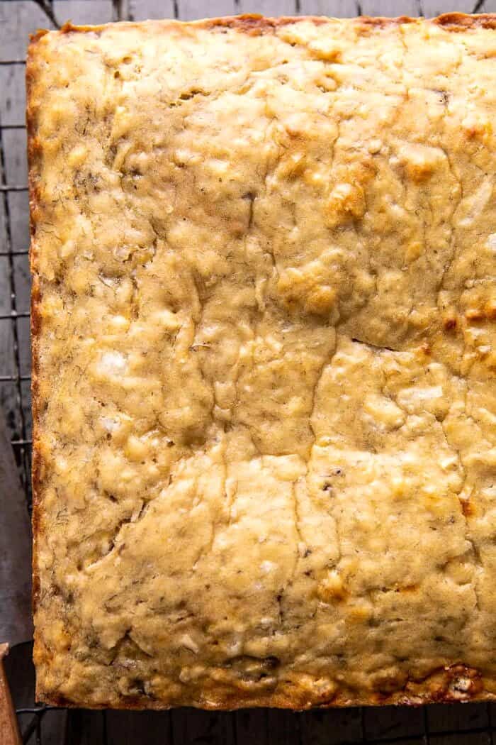 overhead photo of Easiest Coconut Banana Cake before frosting