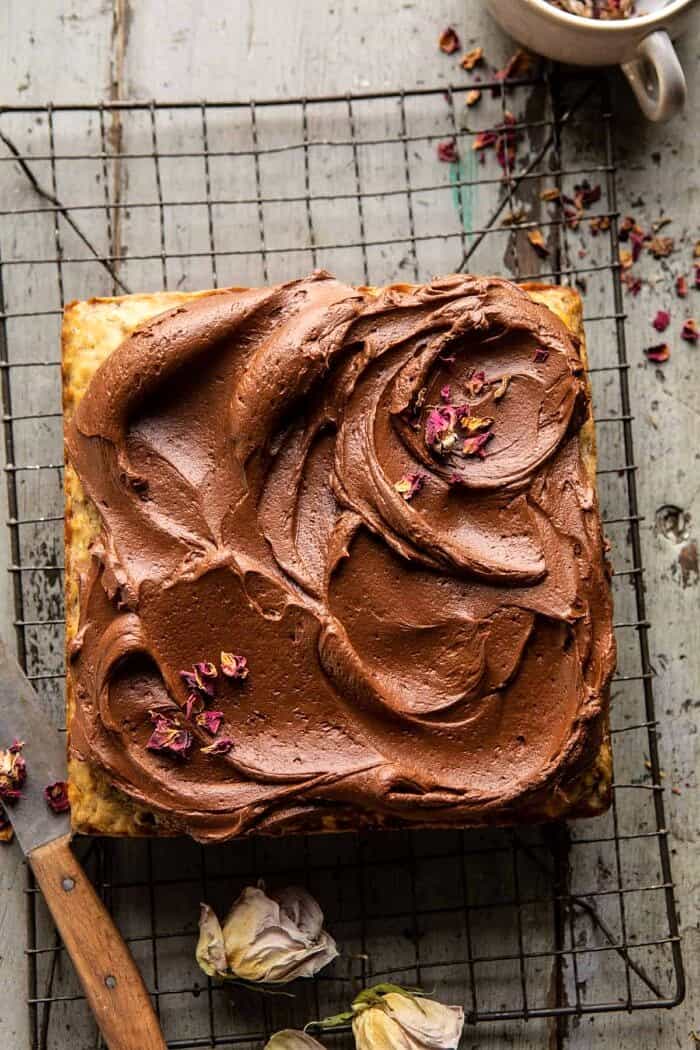 overhead photo of Easiest Coconut Banana Cake with Fudgy Chocolate Frosting before slicing