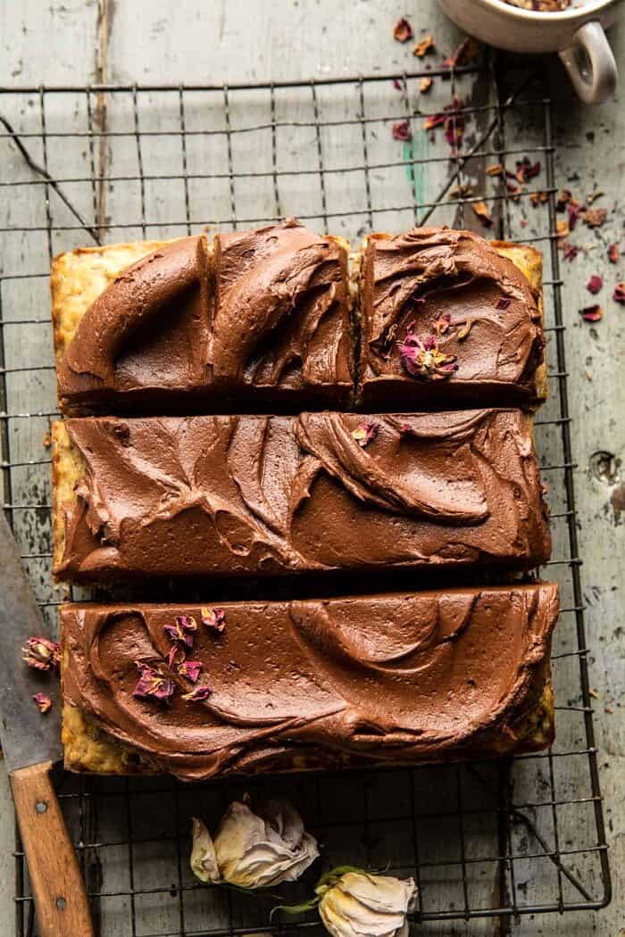 overhead photo of Easiest Coconut Banana Cake with Fudgy Chocolate Frosting 