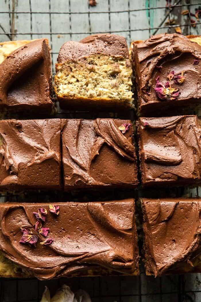 overhead close up photo of Easiest Coconut Banana Cake with Fudgy Chocolate Frosting