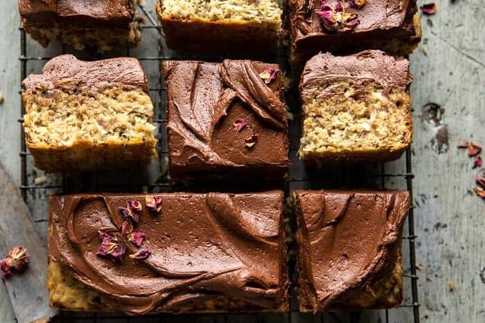 overhead horizontal photo of Easiest Coconut Banana Cake with Fudgy Chocolate Frosting