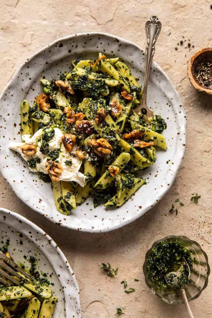 overhead photo of Herby Kale Pesto Pasta with Buttery Walnuts