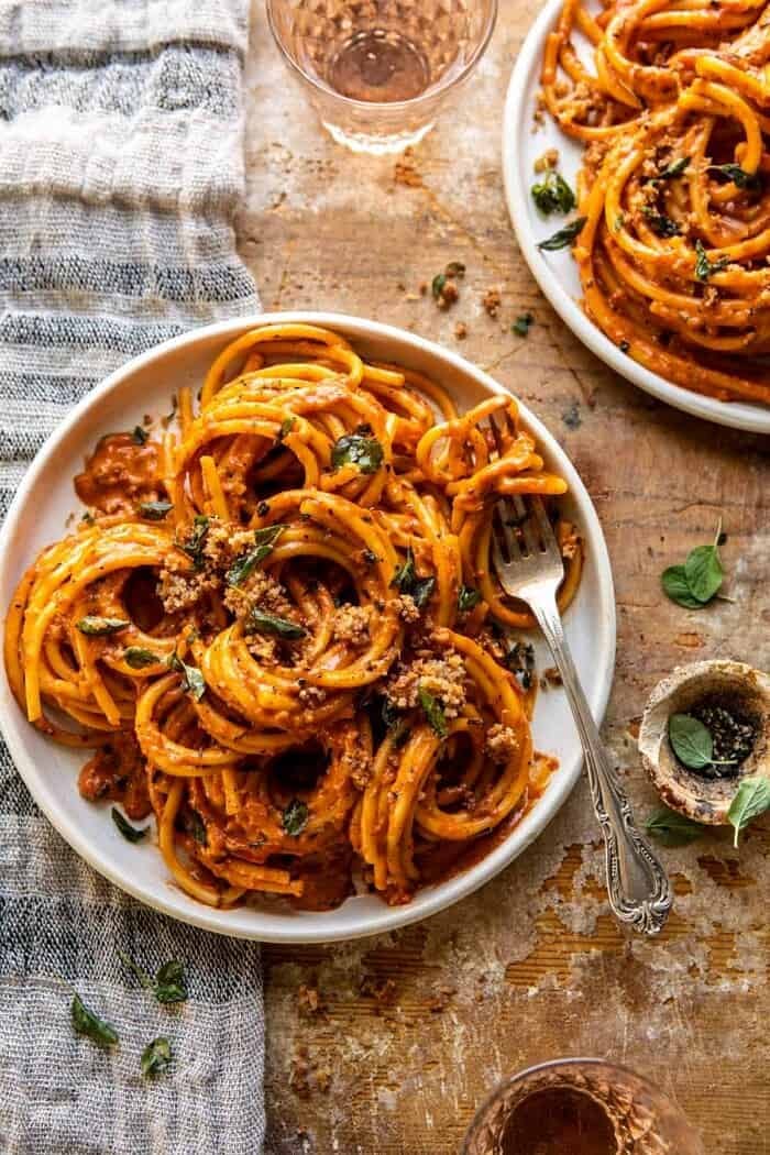 Roasted Red Pepper Alla Vodka Pasta with Cheesy Oregano Breadcrumbs | halfbakedharvest.com overhead photo of Roasted Red Pepper Alla Vodka Pasta with Cheesy Oregano Breadcrumbs