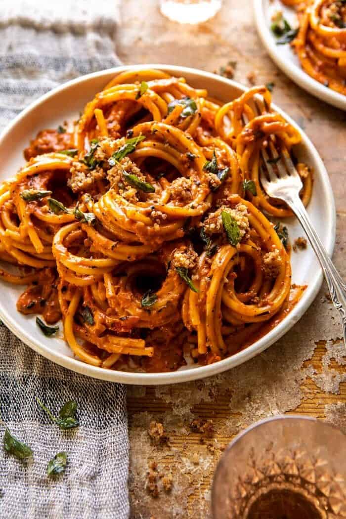 Roasted Red Pepper Alla Vodka Pasta with Cheesy Oregano Breadcrumbs | halfbakedharvest.com close up photo of Roasted Red Pepper Alla Vodka Pasta with Cheesy Oregano Breadcrumbs