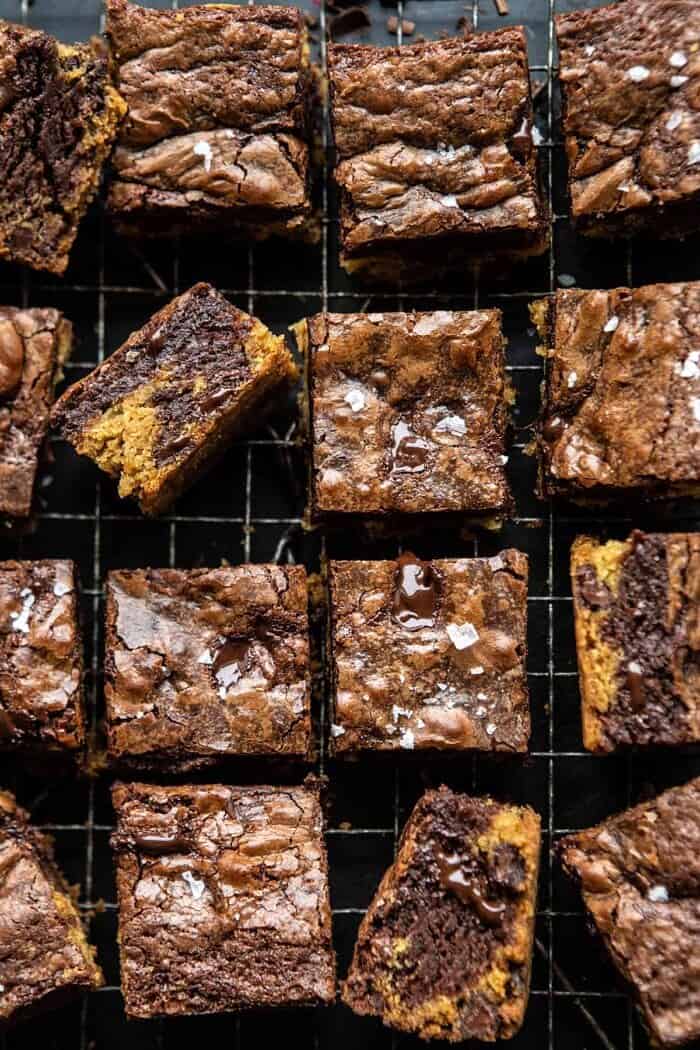 Salted Cookie Crinkle Top Brownies | halfbakedharvest.com overhead photo of Salted Cookie Crinkle Top Brownies
