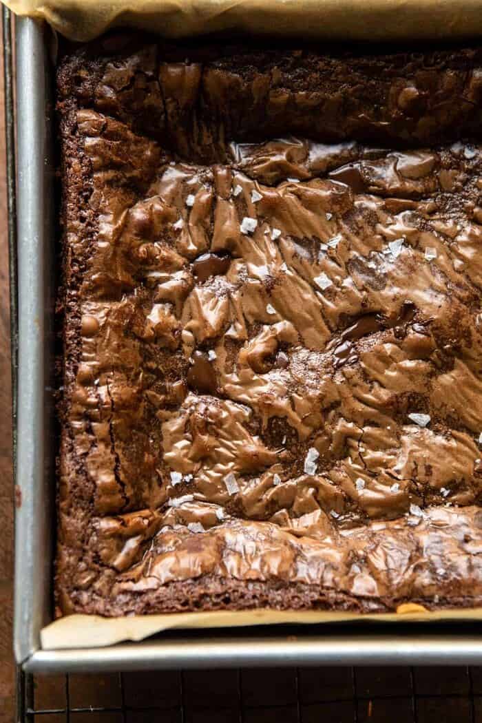 Salted Cookie Crinkle Top Brownies | halfbakedharvest.com overhead ohoto of Salted Cookie Crinkle Top Brownies in brownie pan after baking