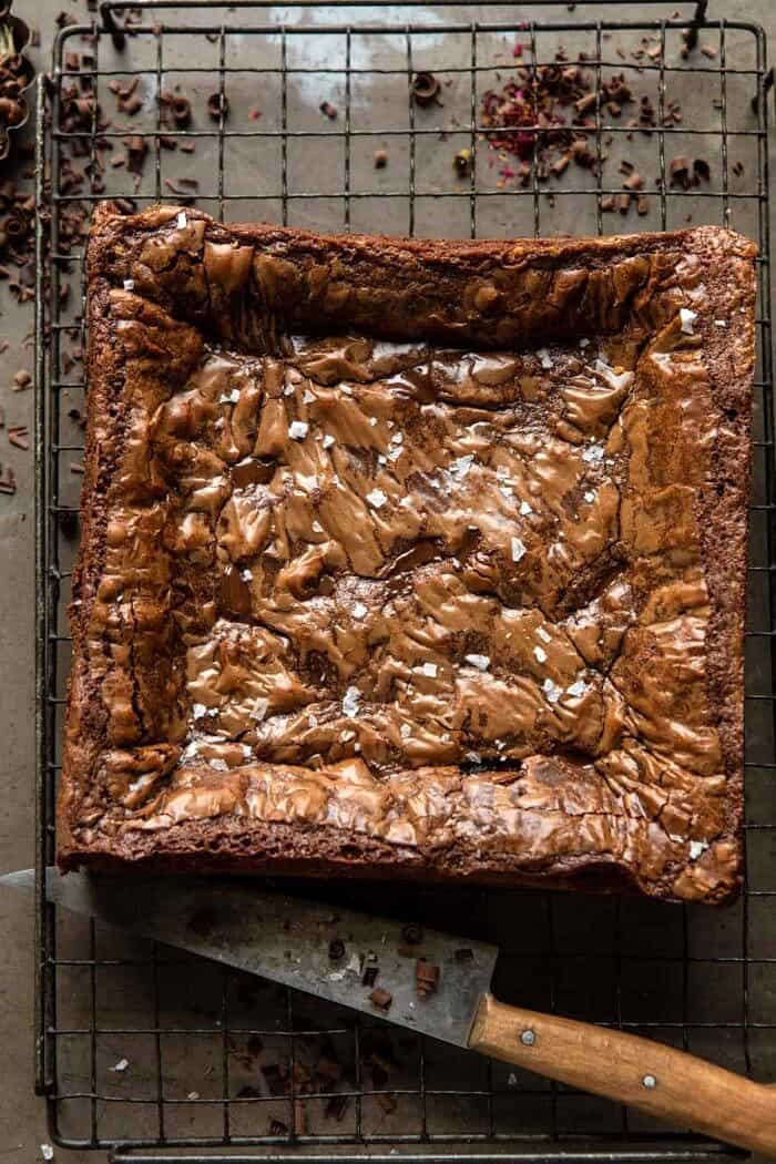 Salted Cookie Crinkle Top Brownies | halfbakedharvest.com overhead photo of brownies before cutting